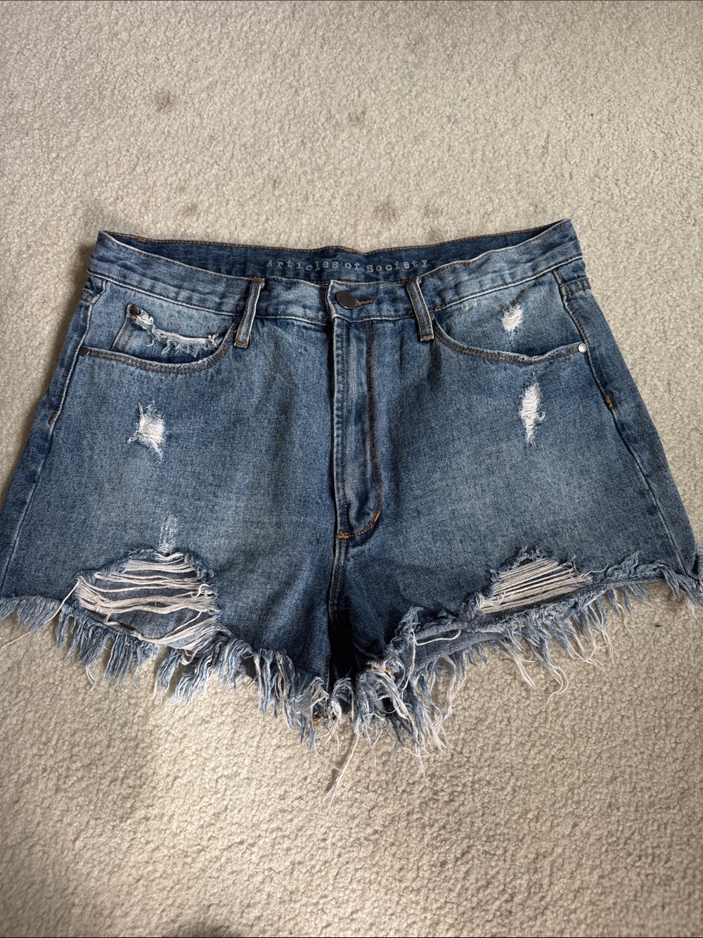 Articles Of Society Distressed Frayed Hem Denim Shorts - Blue
